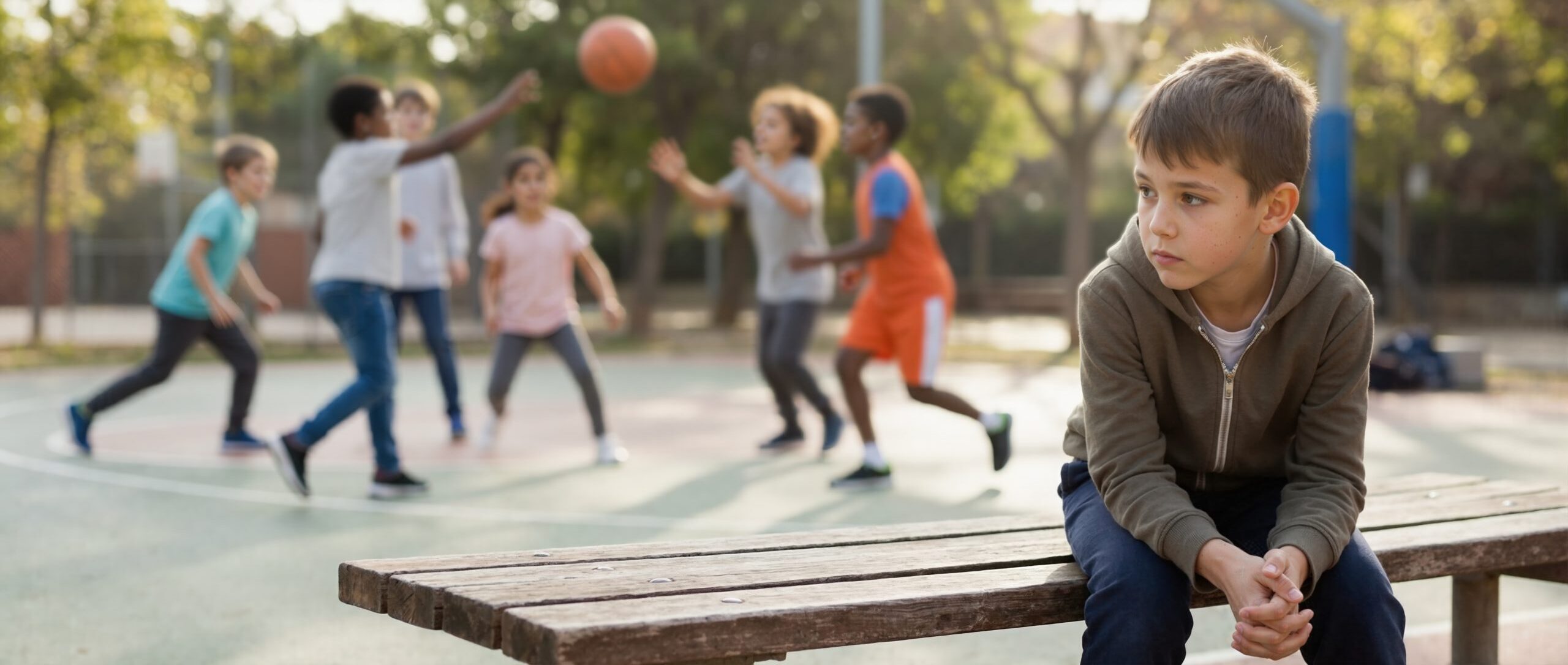 Un élève seul sur un banc pendant que d’autres jouent au ballon à la récréation